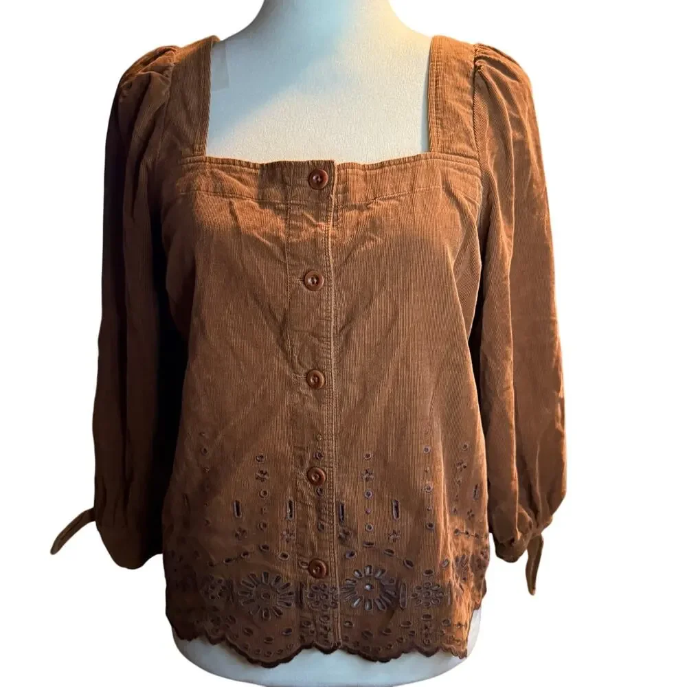 Madewell Embroidered Eyelet Corduroy Tie-Sleeve Top, Warm Coffee, Size Small